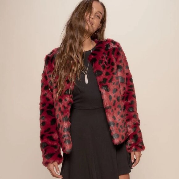 Red Wild Cat Faux Fur Bomber Jacket